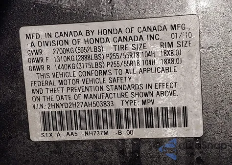 2010 Acura Mdx from USA, damaged, VIN 2HNYD2H27AH503833